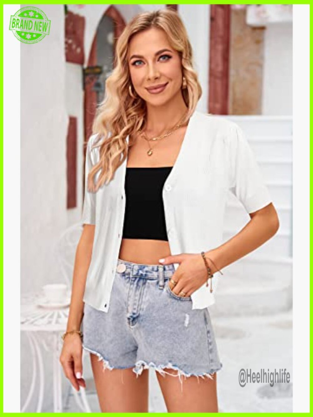 Lightweight Cropped Short Sleeve Cardigan, V-Neck Button Down, Soft Knit - Picture 3 of 7